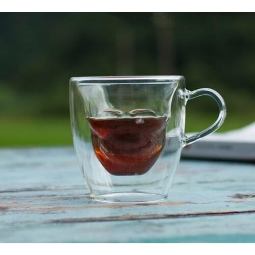 New Double Layer Mug With Handle For Espresso Coffee Creative Skull Shape Insulated Beverages Glass Cup Heat-Resistant