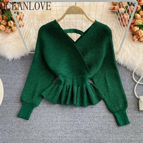 OCEANLOVE Shining Short Pull Femme Korean Solid Ruffles Batwing Sleeve Vintage 2021 Sweaters Women V Neck Sueter De Mujer
