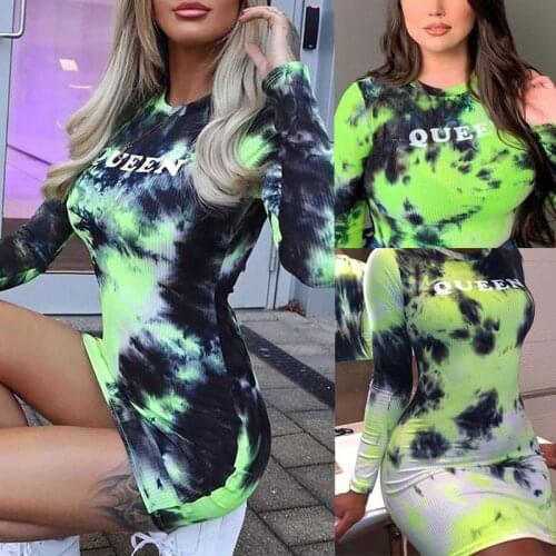 SKMY Tie-Dye Dress Sexy Long Sleeve Round Neck Printed Tight Dress Bodycon Vacation Outfits Party Clubwear Women Clothing