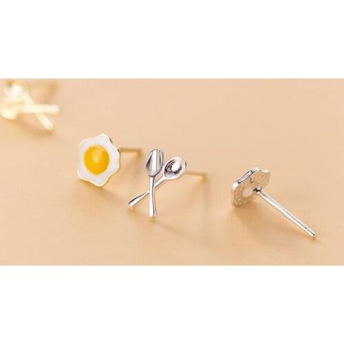 Silver Plated Fashion Asymmetric Knife Fork Purse Egg Stud Earrings Personality Girl Stud Earrings Womens Party Jewelry