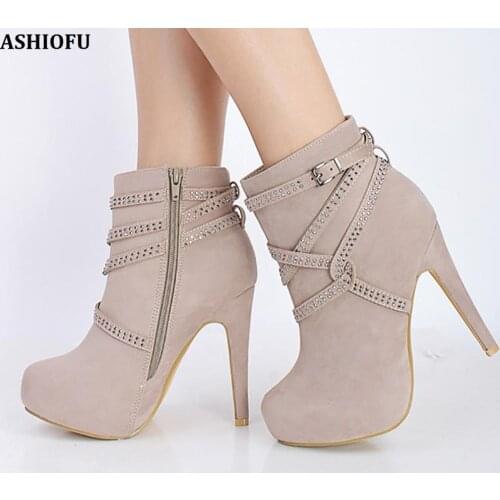 ASHIOFU Handmade Ladies High Heel Platform Boots Cross-buckles Party Prom Ankle Booties Side-zipper Large Size Fashion Boots