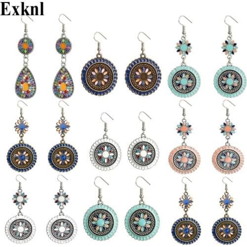 Exknl Ethnic Flower Oil Drop Dangle Vintage Hanging Earrings for Women Female 2019 Fashion Ear Ornaments Jewelry Accessories
