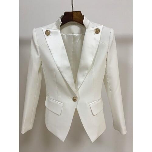 New Designer Stylish black white Blazer Womens Single Button Lion Button Embellished Satin Collar Blazer Jacket