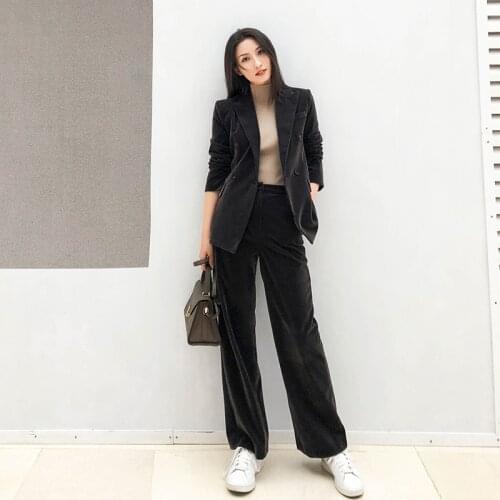 Women Two Piece Set Turn-down Collar Blazers And Full Length Trousers Suit Ladies Set Feminino Autumn Winter 2019