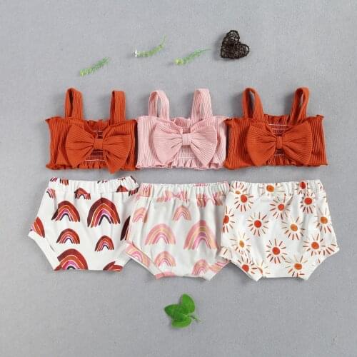 3 Style Lovely Infant Baby Girls Clothes Sets 2pcs Big Bowknot Strapless Sleeveless Vest Floral Shorts 0-24M Summer