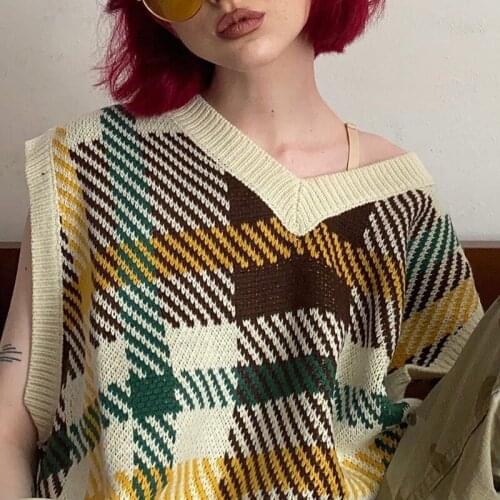 Womens Sweater Loose Harajuku korean style V-neck Knitted Vest tops y2k Stitching stripes embroidery Casual winter Streetwear