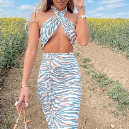 Sexy Ladies Stripes Printed Bodycon Dress Women Summer Fashion Sleeveless Halter Backless High Waist Cutout Vestidos Club Street