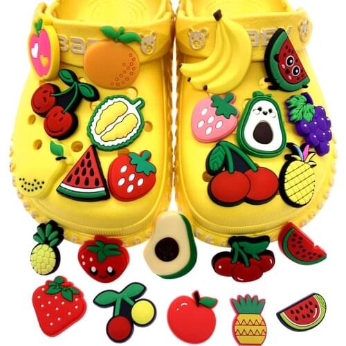 100PCS Wholesale PVC Shoes Charms DIY Wristband Accessories Kids X-mas Party Gifts Fruit Cherry Banana Croc Decoration
