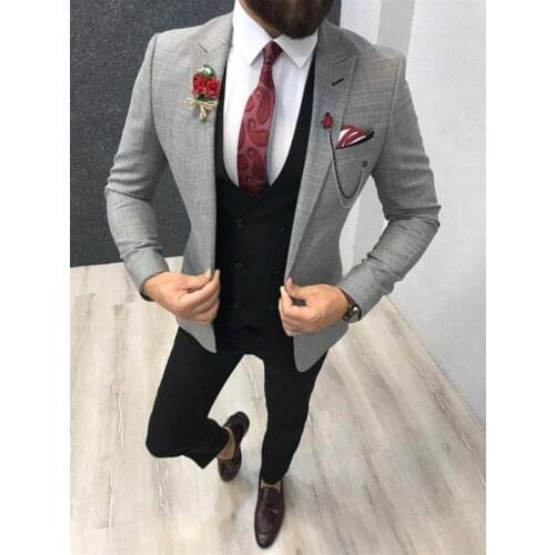 2021 Mens Suit Formal Business Slim Fit 3-Pieces Light Grey Blazers Black Vest Pant Mens Tuxedo Wedding Men Suits Groom Suit