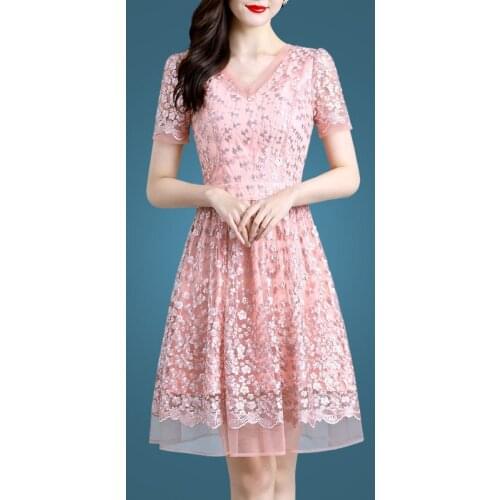 2021 Women Summer Dress Vintage Floral Print Femme Pink Mesh Embroidery V-neck Plus Size Party Vestido Sexy 4860