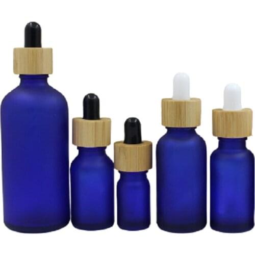 5ml 10ml 15ml 20ml 30ml 50ml 100ml Empty Blue Frost Glass Rubber Dropper Bottle Bamboo Wood Ring Essential Oil Vials 15pieces