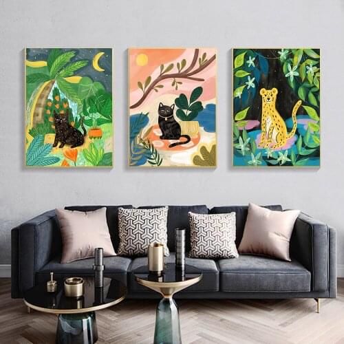 Abstract Jungle Plants Cat Leopard Wall Art Canvas Painting Nordic Posters And Prints Wall Picture For Living Room Vintage Decor