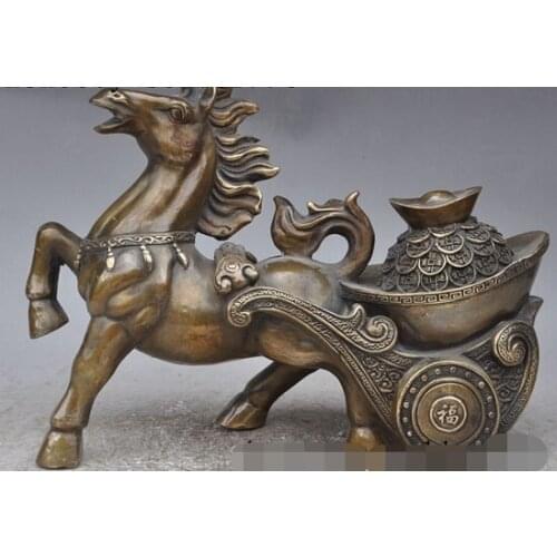 Free shipping 003088 12"chinese fengshui bronze zodiac horse Pull yuanbao money wealth lucky statue