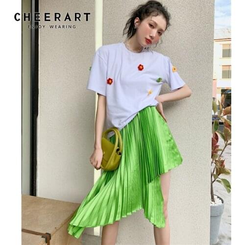 CHEERART Neon Green High Waisted Asymmetrical Pleated Summer Skirt Women High Fashion Designer Knee Length Irregular Skirt 2021