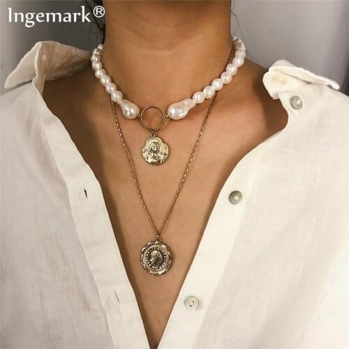 Ingemark Multilayer White Imitation Pearl Choker Necklace Korean Steampunk Carved Coin Queen Pendant Long Chain Necklace Women