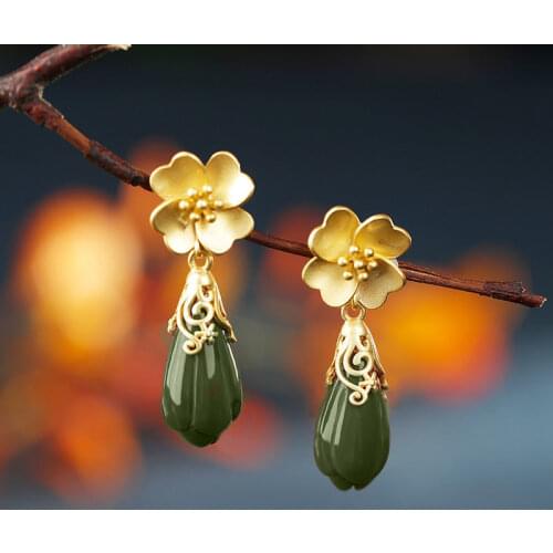 Natural Hetian Jade Green Jade Magnolia Earrings S925 Sterling Silver Flowers Petals Jasper Earrings Vintage Splendid Jewelry