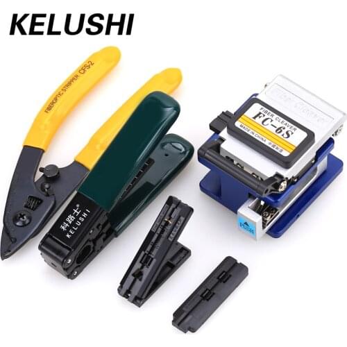 KELUSHI 5 In 1 Fiber Optic Tool Stripping Kit With FC-6S Fiber Cleaver Double Port Stripper Guider Way Guide Bar