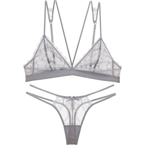 Sexy lace ultra thin type underwear bra set belt triangle cup without steel ring T - style trousers without sponge