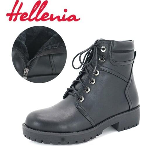 Hellenia 2017 New Fashon Round Toe ankle boots for women PU leather boot Ladies Winter Short boots Fur lining lace up inside