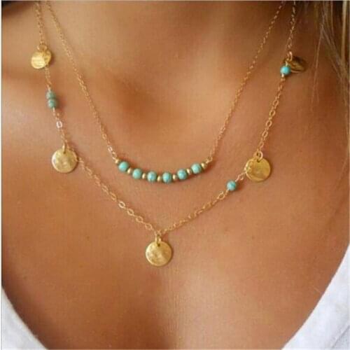 2019 New Hot Fashion Multi-layer Wafer Clavicular Chain Turquoises Stone Pendant Chains Necklace For Women Jewelry