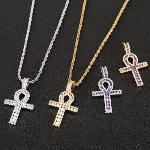 Hip Hop Purple White Cubic Zirconia Bling Ice Out Life Symbol Ankh Cross Pendants Necklace for Men Rapper Jewelry Drop Shipping