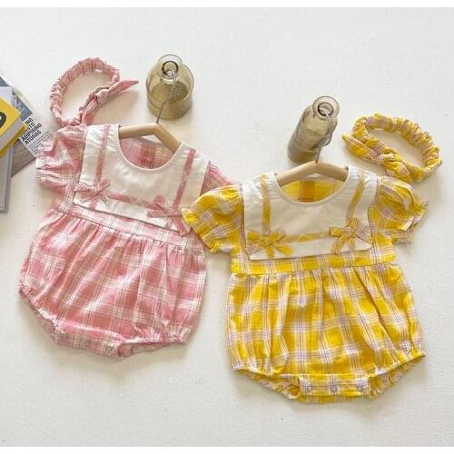 Sailor Collar Baby Girls Short Sleeve Grid Rompers Summer Baby Clothes Rompers Kids Girls Rompers Infant Clothing Rompers
