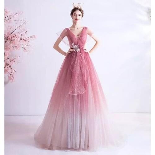 Sexy V-neck Prom Dresses 2020 Pink Gradient Beading Backless Party Dress A-line Tulle Sleeveless платье vestidos LE40772