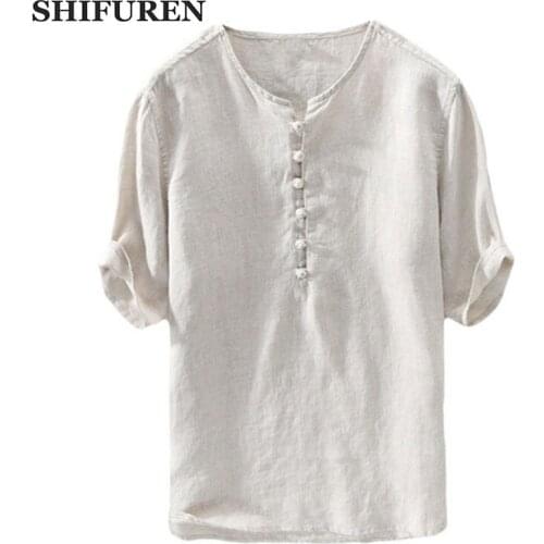 SHIFUREN Summer Breathable 100% Pure Linen Shirts Men Half Sleeve Retro Chinese Traditional Kongfu Linen Shirts Size M-XXL