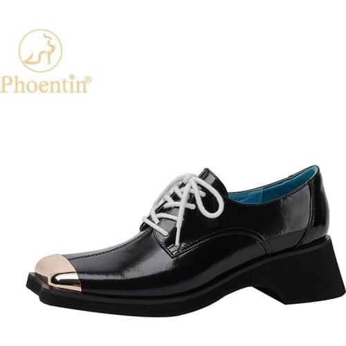 Phoentin Retro lace up loafers womens Autumn new cow Leather mid Heels pumps 2021 Fashion mules shoes Plus Size 42 black FT1664