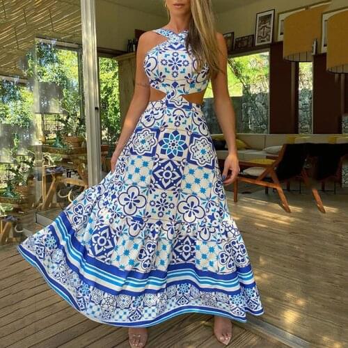 WYWMY Vintage Printed Summer Women Maxi Dress Ladies Sleeveless Halter Sexy Long Dress Woman A-Line Elegant Pary Dress Vestidos