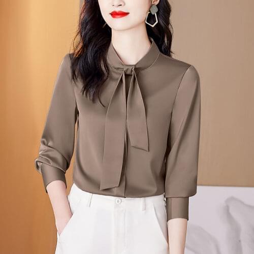 Women 2021 Spring Autumn Fashion Slim Thin OL Shirts Female Long Sleeves Satin Blouses Ladies Solid Color Bow Casual Shirts U332