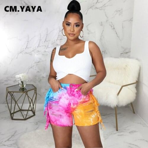 CM.YAYA Women Jeans Tie Dye Ripped Hole Tassel Mid Waist Pockets Stretchy Skinny Mini Denim Shorts Casual Trousers Summer 2021