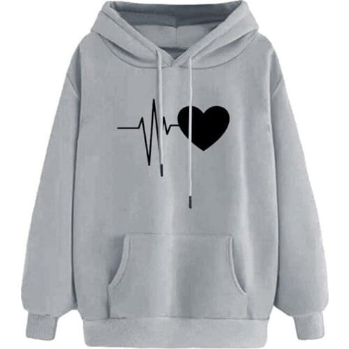 Women Love Heart Print Hoodies Oversize Fleece Drawstring Pullover Tops Casual Loose Fit Long Sleeve Front Pocket Sweatshirt