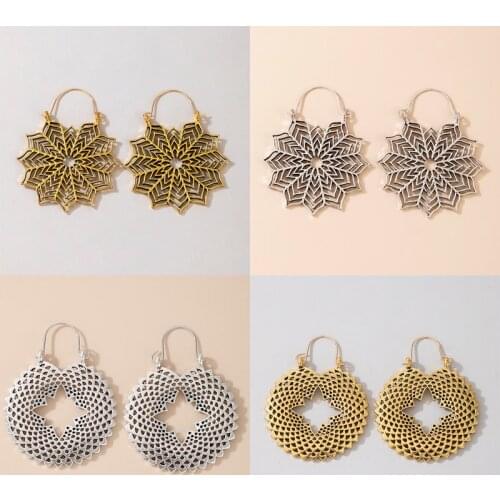 Tocona Vintage Hollow Geometric Gold Silver Color Drop Dangle Earrings for Women Charms Alloy Metal Ethnic Jewelry Accessories