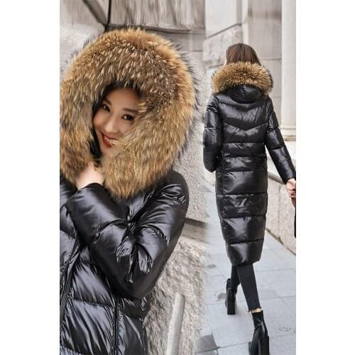 Long White Duck Black Down Coat Women Thick fur collar Hooded Winter large size Windproof Snow Outwear Warm Female Puffer Jacket