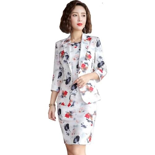 Dress Suit Women Spring Summer 3/4 Sleeve Slim Flowers Print Blazers Office Lady Fashion Elegant Work Casual Coat Dress Suits