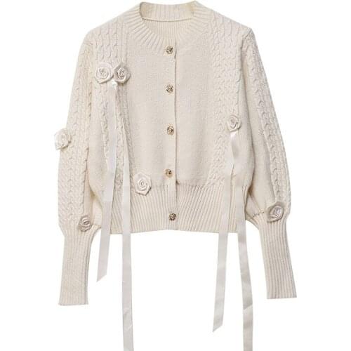 Luxury 3D Rose Sweet Knitted Cardigan Ribbon Design 2021 Women Lantern Sleeve Single Breasted Jacket Sweater Black Clothes