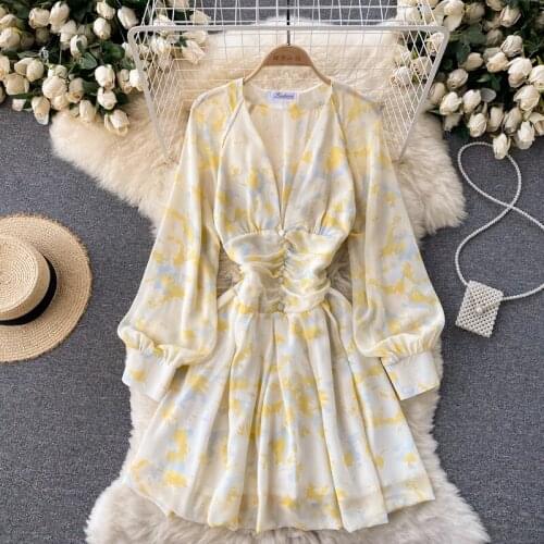 Autumn Bohemian Printed Mini Dress Women Sexy V-Neck Puff Long Sleeve Chiffon Vestidos Female Fairy Party Robe New Fashion 2021