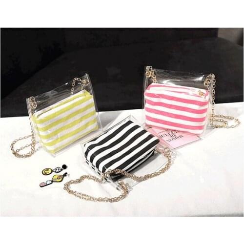 1 set 2 pieces new Clear PVC jelly shoulder bag Transparent handbag with Stripe chain bucket bag mobile phone Messenger bag