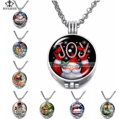 RoyalBeier 1pcs Xmas Snowman Santa Theme Perfume Aroma Essential Oil Diffusion Pendant Necklace 25mm Glass Charm Chain 65cm