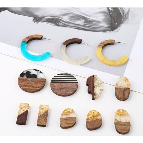 4pcs Korean Wood and Resin earrings Stitching Contrasting Color Gold Foil Leaves Geometric Stud Earrings For Girl Accessories