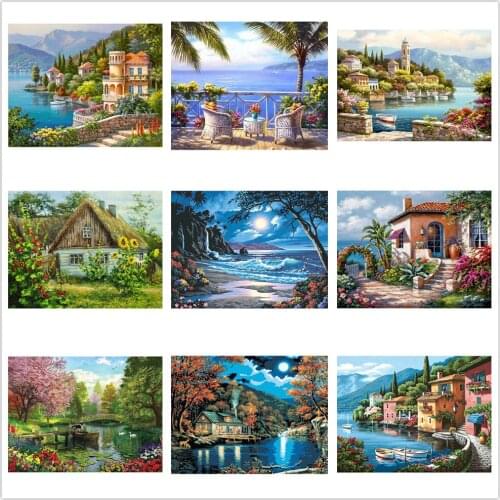 Diy 5D Diamond Painting Villa Scenery Full Round Resin Mosaic Scenery Diamond Embroidery Picture Rhinestone Home Decor Gift
