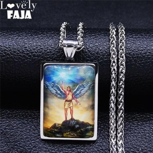 Stainless Steel Glass Christian Archangel Chain Necklace Women Geometry Silver Color Statement Necklace Jewelry collar NXS03