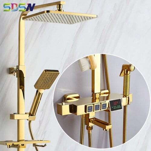 Digital Bathroom Shower Set Promotion Gold Bath Shower System 12 Inch Rainfall Shower Head Golden Thermostatic Shower Mixer Set