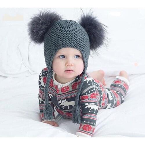 Kids slouchy knit beanie hat bobble wool snow ski caps fur pom pom kids cable cuff beanie hats