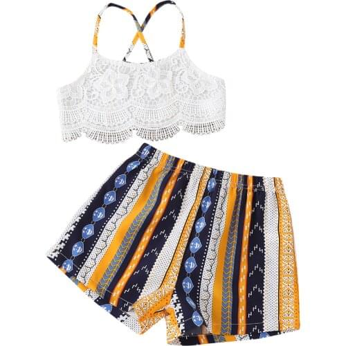 FOCUSNORM 1-6Y Summer Fashion Kids Girls Clothes Sets 2pcs Lace Flowers Sleeveless Vest Tops Striped Shorts