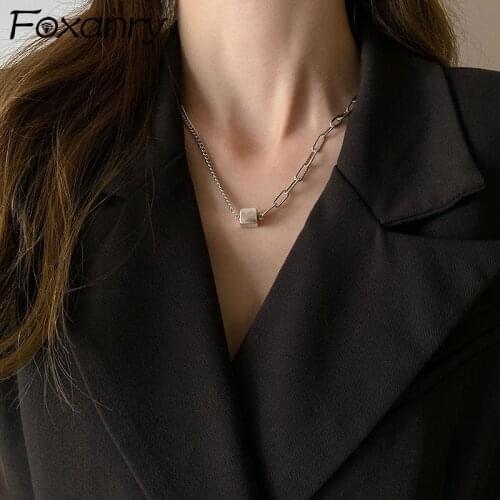 Foxanry 925 Sterling Silver Necklace New Trendy Vintage Hip Hop Couples Simple Asymmetry Chain Geometric Punk Party Jewelry Gift