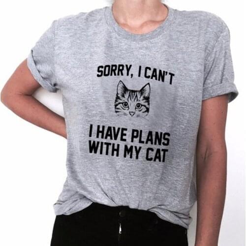 Cotton Women Cat Mom Tops Causal Short Sleeve Tshirt Grunge Dropshipping Sorry I Can't I Have Plans with My Cat White T Shirt