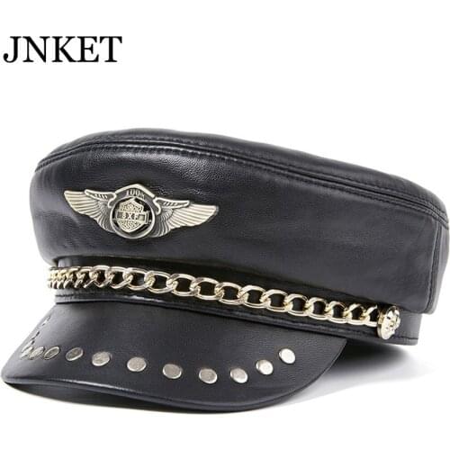 JNKET New Unisex Sheepskin Chain Military Hat Autumn Winter Sailor Hats Ladies Beret Caps Flat Top Cap Travel Cadet Hat