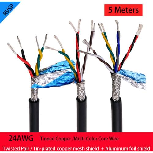 5Meters RVSP Black Cable 24AWG 2/4/6/8 Core RS485 Signal Control Line Twisted Shielded Tin-Plated Copper Wire Audio Cable DIY